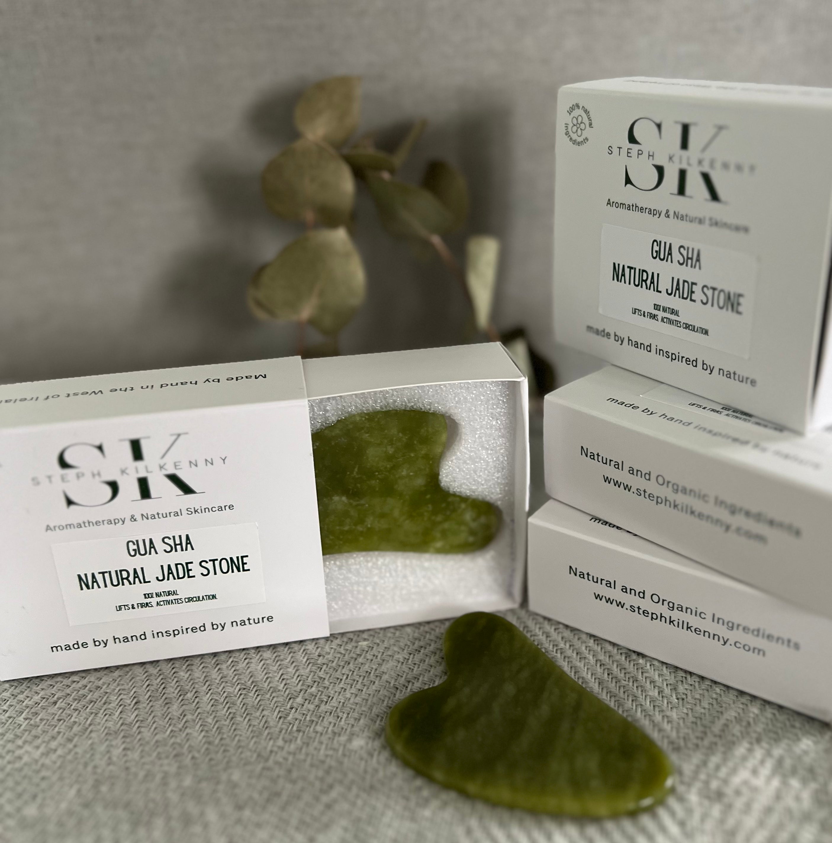 Jade gua sha stone facial massage tool by Steph Kilkenny